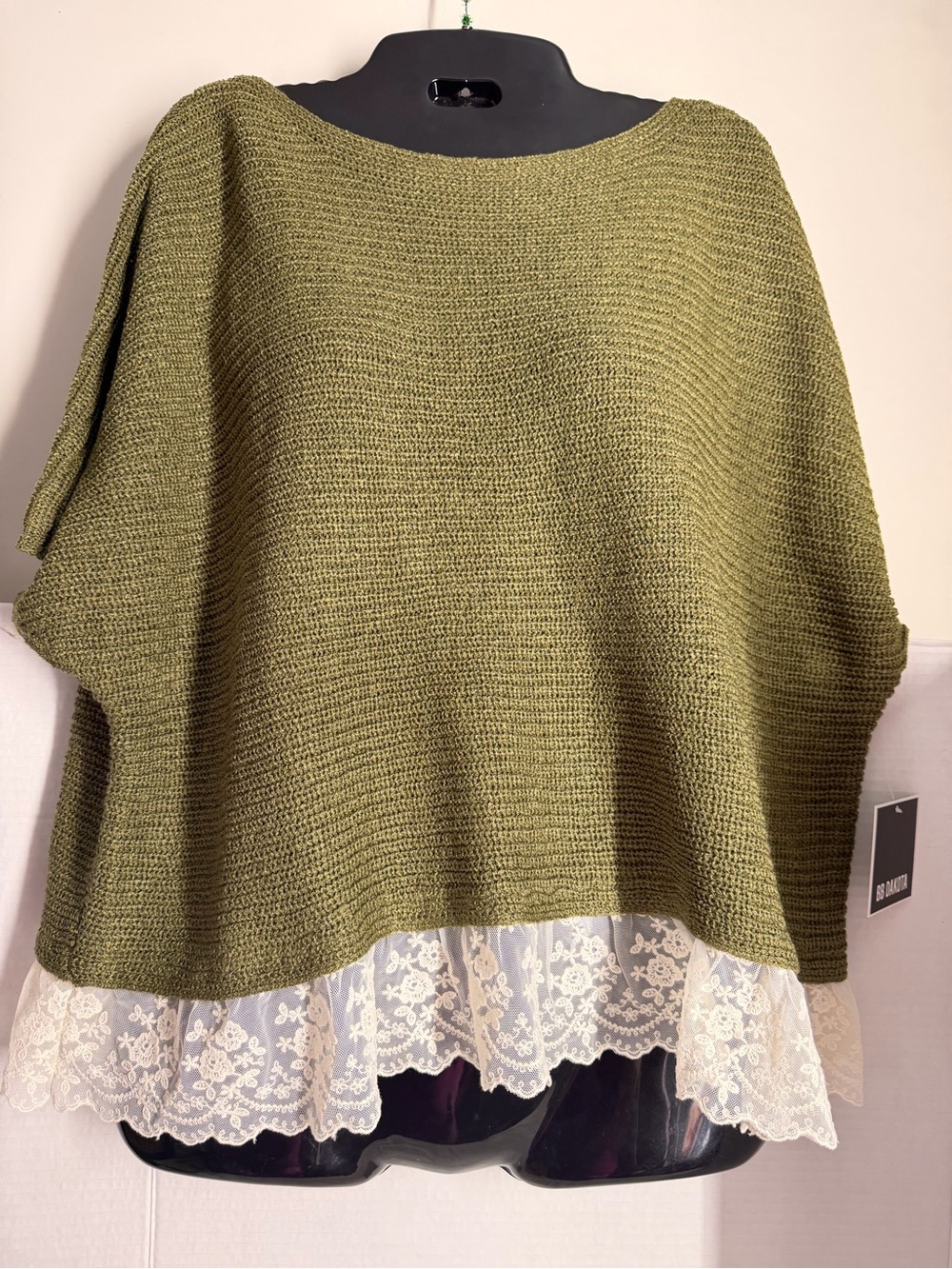 BB Dakota Olive Green Knit Poncho with Cream Lace Trim